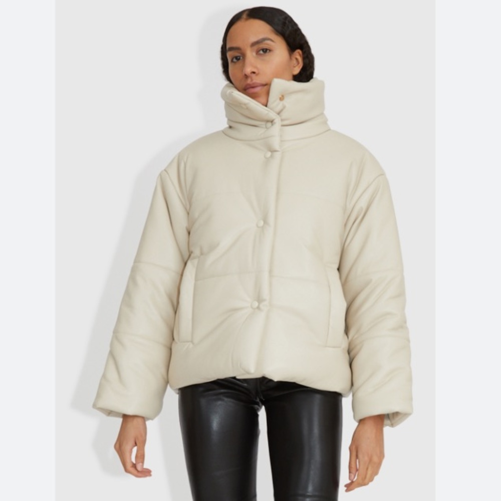 Faux Leather Cream Puffer Jacket High Neck Funnel Neck Coat